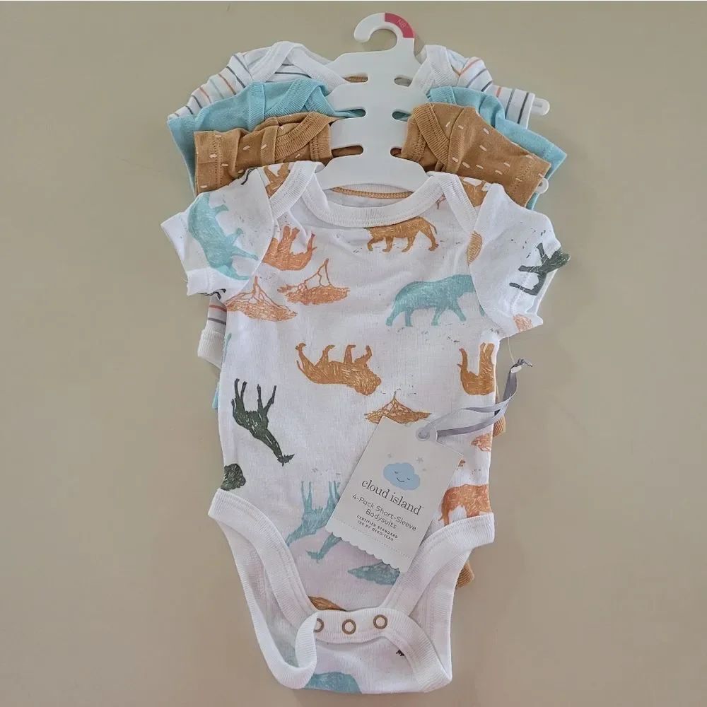 Cloud Island™ Blue Safari Short Sleeve Bodysuit 4pk Newborn